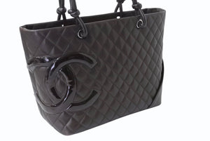 CHANEL シャネル カンボンライン ラージトートバッグ 10番台 A25169 ココマーク カーフスキン パテントレザー ブラウン 美品 中古 4b002692