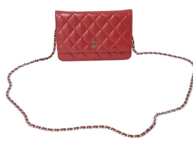 CHANEL シャネル チェーンウォレット ショルダーバッグ 長財布 19番台 ラムスキン ココマーク キルティング レッド 美品 中古 4b002700