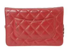 CHANEL シャネル チェーンウォレット ショルダーバッグ 長財布 19番台 ラムスキン ココマーク キルティング レッド 美品 中古 4b002700