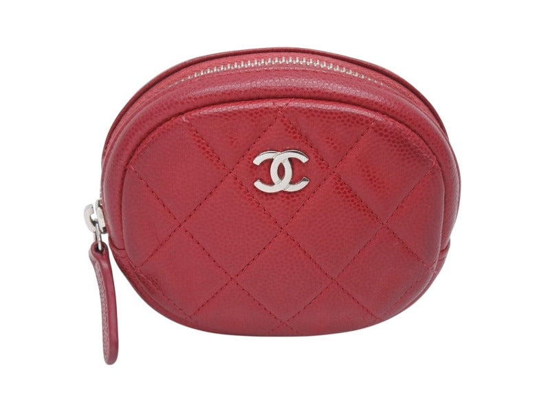 CHANEL シャネル マトラッセ コインケース ココマーク 26番台 スペイン製 キャビアスキン レッド シルバー金具 美品 中古 4b002701
