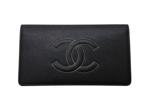 極美品 CHANEL シャネル 長財布 ココマーク 23番台 イタリア製 キャビアスキン ブラック ホワイト 中古 4b002722 正規品