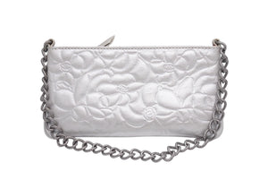 CHANEL シャネル アクセサリーポーチ カメリア ハンドバッグ ワンショルダーバッグ 8番台 シルバー ガンメタ金具 美品 中古 4b002723