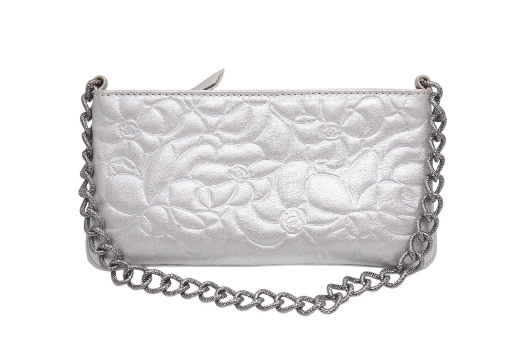CHANEL シャネル アクセサリーポーチ カメリア ハンドバッグ ワンショルダーバッグ 8番台 シルバー ガンメタ金具 美品 中古 4b002723