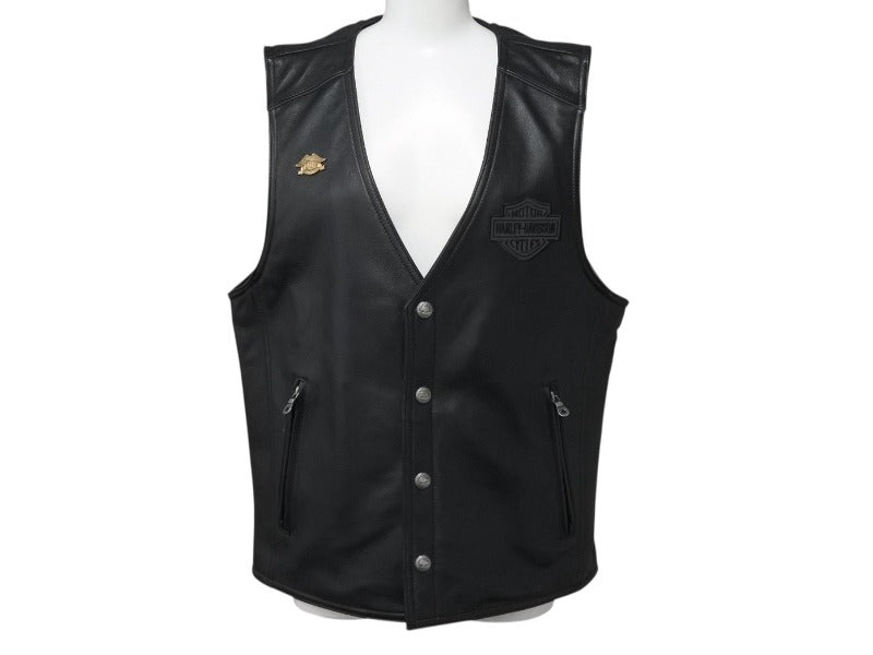 極美品 HARLEY DAVIDSON ハーレーダビットソン レザーベスト 98132 サイズM レザー スカル パッチ ブラック 中古 4b002760