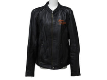 Load image into Gallery viewer, 極美品 HARLEY DAVIDSON ハーレーダビットソン レザージャケット ラインストーン ブラック オレンジ シルバー金具 サイズL 中古 4b002762