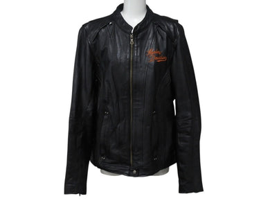 極美品 HARLEY DAVIDSON ハーレーダビットソン レザージャケット ラインストーン ブラック オレンジ シルバー金具 サイズL 中古 4b002762