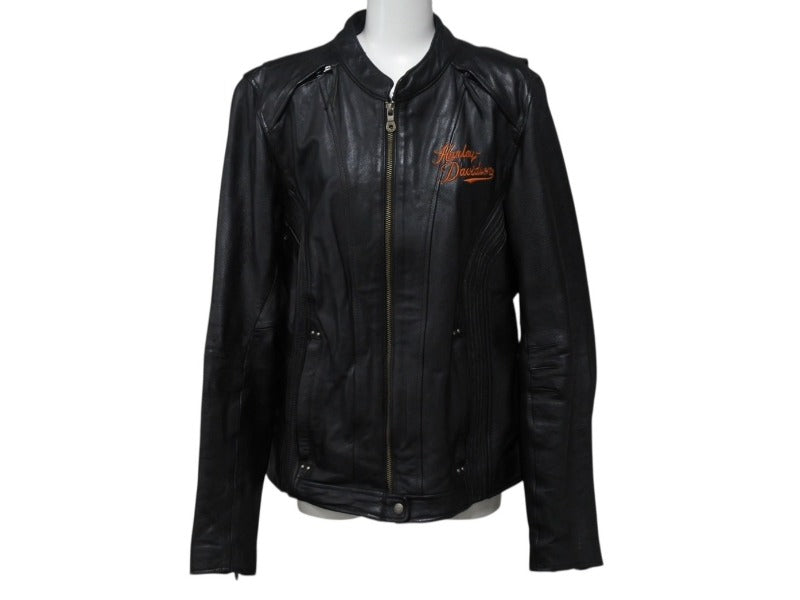 極美品 HARLEY DAVIDSON ハーレーダビットソン レザージャケット ラインストーン ブラック オレンジ シルバー金具 サイズL 中古 4b002762