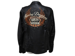 極美品 HARLEY DAVIDSON ハーレーダビットソン レザージャケット ラインストーン ブラック オレンジ シルバー金具 サイズL 中古 4b002762