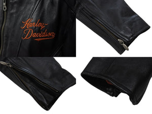 極美品 HARLEY DAVIDSON ハーレーダビットソン レザージャケット ラインストーン ブラック オレンジ シルバー金具 サイズL 中古 4b002762