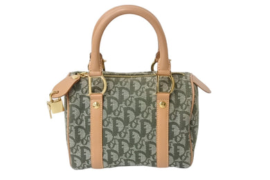 極美品 Christian Dior クリスチャンディオール ハンドバッグ トロッター コットン グリーン ベージュ 中古 4b002785