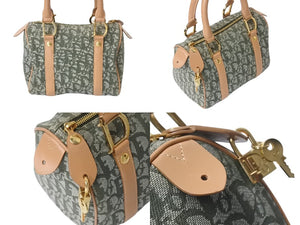 極美品 Christian Dior クリスチャンディオール ハンドバッグ トロッター コットン グリーン ベージュ 中古 4b002785
