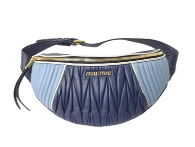 MIUMIU ミュウミュウ マテラッセ レザー ウエストバッグ ブルー ネイビー ボディバッグ ロゴ ツートーン ゴールド金具 美品 中古 4b002786
