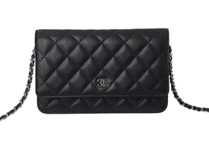 極美品 CHANEL シャネル チェーンウォレット ショルダーバッグ ランダム番台 ココマーク キャビアスキン キルティング ブラック 中古 4b002801