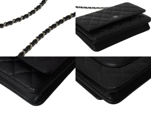 極美品 CHANEL シャネル チェーンウォレット ショルダーバッグ ランダム番台 ココマーク キャビアスキン キルティング ブラック 中古 4b002801
