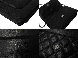 極美品 CHANEL シャネル チェーンウォレット ショルダーバッグ ランダム番台 ココマーク キャビアスキン キルティング ブラック 中古 4b002801