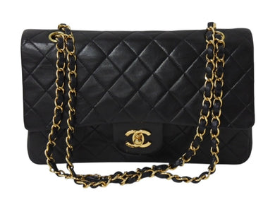 極美品 CHANEL シャネル マトラッセ25 Wフラップ Wチェーンショルダーバッグ 4番台 ラムスキン ココマーク ブラック ゴールド金具 中古 4b002802