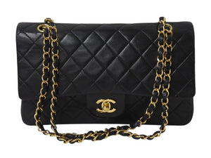 極美品 CHANEL シャネル マトラッセ25 Wフラップ Wチェーンショルダーバッグ 4番台 ラムスキン ココマーク ブラック ゴールド金具 中古 4b002802