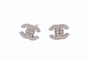 極美品 CHANEL シャネル ピアス ココマーク 両耳 09V刻印 メタル ラインストーン シルバー 0.8g 中古4b002822