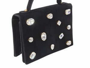 BALENCIAGA バレンシアガ ビジュー ラインストーン ミニハンドバッグ スウェード ビジュー ブラック ゴールド金具 美品 中古 4b002844