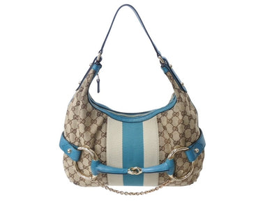 極美品 GUCCI グッチ ショルダーバッグ ホースビット 131026 GGキャンバス ベージュ ターコイズブルー ゴールド金具 中古 4b002858