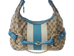 極美品 GUCCI グッチ ショルダーバッグ ホースビット 131026 GGキャンバス ベージュ ターコイズブルー ゴールド金具 中古 4b002858