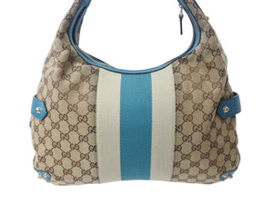 極美品 GUCCI グッチ ショルダーバッグ ホースビット 131026 GGキャンバス ベージュ ターコイズブルー ゴールド金具 中古 4b002858