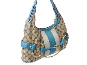 極美品 GUCCI グッチ ショルダーバッグ ホースビット 131026 GGキャンバス ベージュ ターコイズブルー ゴールド金具 中古 4b002858