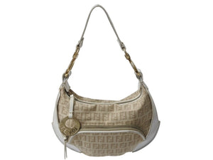 FENDI フェンディ ワンショルダーバッグ ズッキーノ イタリア製 8BR466 キャンバス レザー ベージュ 美品 中古 4b002859