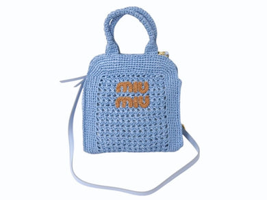 極美品 MIUMIU ミュウミュウ ラフィア クロシェファブリック 2WAY ハンドバッグ ブルー レーヨン レザー ショルダー 5BA283 ゴールド金具 中古 4b002865