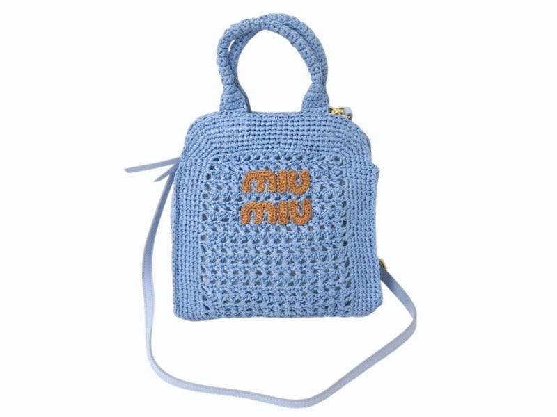 極美品 MIUMIU ミュウミュウ ラフィア クロシェファブリック 2WAY ハンドバッグ ブルー レーヨン レザー ショルダー 5BA283 ゴールド金具 中古 4b002865