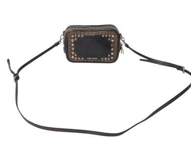 PRADA プラダ ビジュー ロゴ レザー ミニ ショルダーバッグ ブラウン ハトメ ラインストーン スタッズ シルバー金具 美品 中古 4b002867