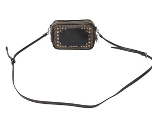 PRADA プラダ ビジュー ロゴ レザー ミニ ショルダーバッグ ブラウン ハトメ ラインストーン スタッズ シルバー金具 美品 中古 4b002867