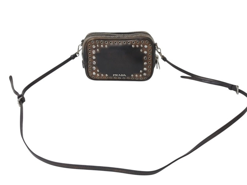 PRADA プラダ ビジュー ロゴ レザー ミニ ショルダーバッグ ブラウン ハトメ ラインストーン スタッズ シルバー金具 美品 中古 4b002867