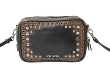 Load image into Gallery viewer, PRADA プラダ ビジュー ロゴ レザー ミニ ショルダーバッグ ブラウン ハトメ ラインストーン スタッズ シルバー金具 美品 中古 4b002867