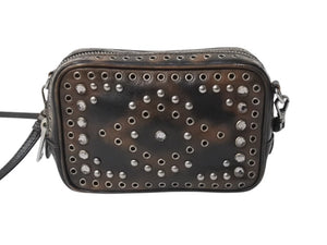 PRADA プラダ ビジュー ロゴ レザー ミニ ショルダーバッグ ブラウン ハトメ ラインストーン スタッズ シルバー金具 美品 中古 4b002867