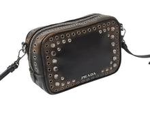 Load image into Gallery viewer, PRADA プラダ ビジュー ロゴ レザー ミニ ショルダーバッグ ブラウン ハトメ ラインストーン スタッズ シルバー金具 美品 中古 4b002867