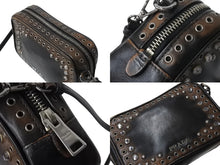 Load image into Gallery viewer, PRADA プラダ ビジュー ロゴ レザー ミニ ショルダーバッグ ブラウン ハトメ ラインストーン スタッズ シルバー金具 美品 中古 4b002867
