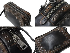 PRADA プラダ ビジュー ロゴ レザー ミニ ショルダーバッグ ブラウン ハトメ ラインストーン スタッズ シルバー金具 美品 中古 4b002867