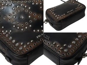 PRADA プラダ ビジュー ロゴ レザー ミニ ショルダーバッグ ブラウン ハトメ ラインストーン スタッズ シルバー金具 美品 中古 4b002867