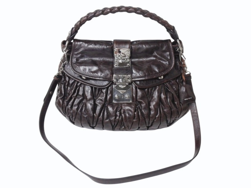 MIUMIU ミュウミュウ マテラッセ 2WAY ショルダーバッグ ブラウン レザー ハンドバッグ RR1300 シルバー金具 ロゴ 美品 中古 4b002872