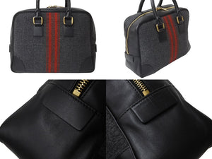 CELINE セリーヌ ボストンバッグ ハンドバッグ フィービー期 ブラックストライプ レザー ウール グレー レッド ブラック 美品 中古 4b002882