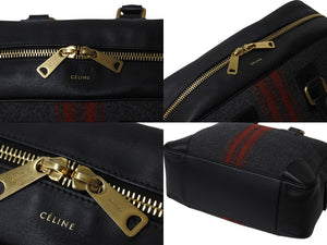 CELINE セリーヌ ボストンバッグ ハンドバッグ フィービー期 ブラックストライプ レザー ウール グレー レッド ブラック 美品 中古 4b002882