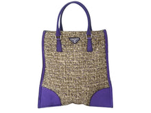 Load image into Gallery viewer, 極美品 PRADA プラダ ツイード レザー ハンドバッグ ベージュ パープル トライアングルロゴ 手持ち 鞄 B11263 シルバー金具 中古 4b002883