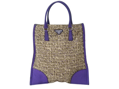 極美品 PRADA プラダ ツイード レザー ハンドバッグ ベージュ パープル トライアングルロゴ 手持ち 鞄 B11263 シルバー金具 中古 4b002883