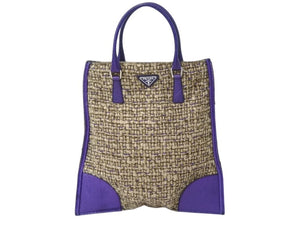 極美品 PRADA プラダ ツイード レザー ハンドバッグ ベージュ パープル トライアングルロゴ 手持ち 鞄 B11263 シルバー金具 中古 4b002883
