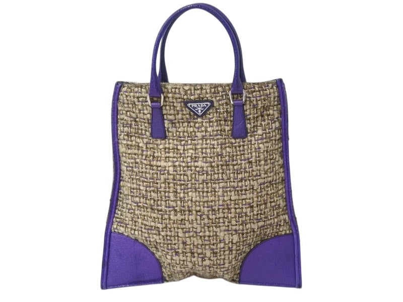 極美品 PRADA プラダ ツイード レザー ハンドバッグ ベージュ パープル トライアングルロゴ 手持ち 鞄 B11263 シルバー金具 中古 4b002883