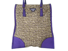 Load image into Gallery viewer, 極美品 PRADA プラダ ツイード レザー ハンドバッグ ベージュ パープル トライアングルロゴ 手持ち 鞄 B11263 シルバー金具 中古 4b002883