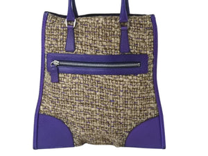 極美品 PRADA プラダ ツイード レザー ハンドバッグ ベージュ パープル トライアングルロゴ 手持ち 鞄 B11263 シルバー金具 中古 4b002883