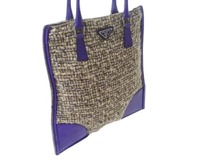 極美品 PRADA プラダ ツイード レザー ハンドバッグ ベージュ パープル トライアングルロゴ 手持ち 鞄 B11263 シルバー金具 中古 4b002883