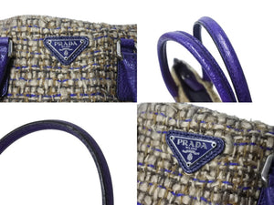 極美品 PRADA プラダ ツイード レザー ハンドバッグ ベージュ パープル トライアングルロゴ 手持ち 鞄 B11263 シルバー金具 中古 4b002883